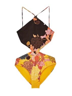 Women’s Floral Cutout One-Piece Swimsuit in yellow black orange and mauve